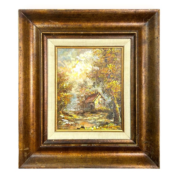Vintage Signed Fall Landscape Cabin Original Oil Painting Framed 15.5 x 17.5"
